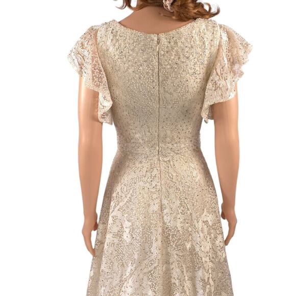 Mac Duggal Flutter Sleeve V-Neck Gown Ivory Nude Formal Maxi Beaded FLAWED - Picture 9 of 16